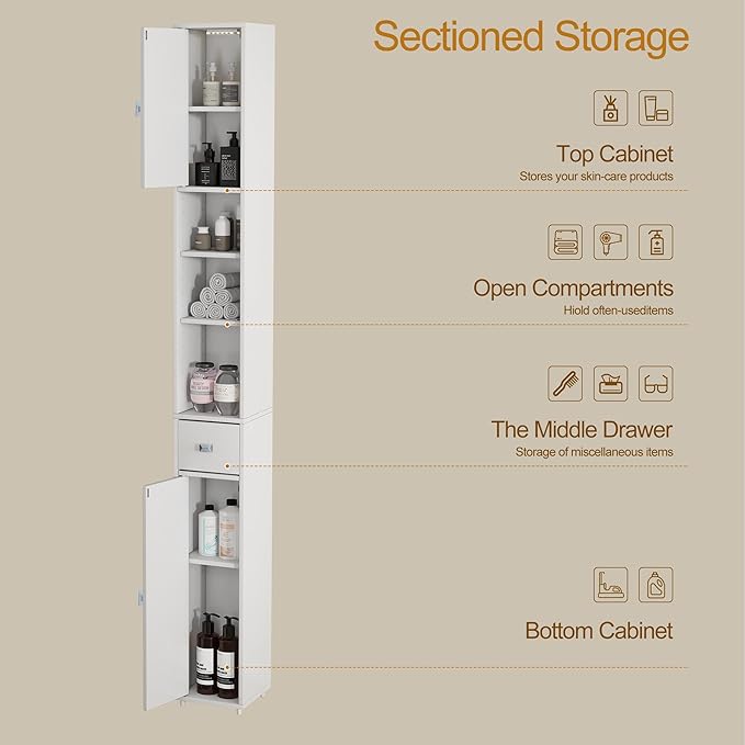 Tall Storage Cabinet, 7.9 Inch Narrow Bathroom Cabinet with USB Magnetic Light