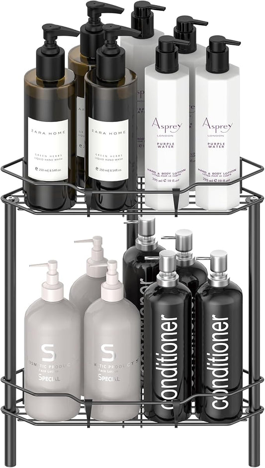 2 Tier Floor Standing Corner Shower Caddy Organizer Shelf with Hooks, Matt Black