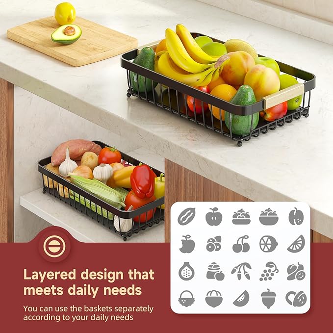 Sevenblue 2 Tier Large Fruit Basket for Kitchen Counter with 2 Mobile Banana Hangers, 2026 Pro Detachable Metal Fruit Bowl with Wooden Handle (Brown, 3 Tier)