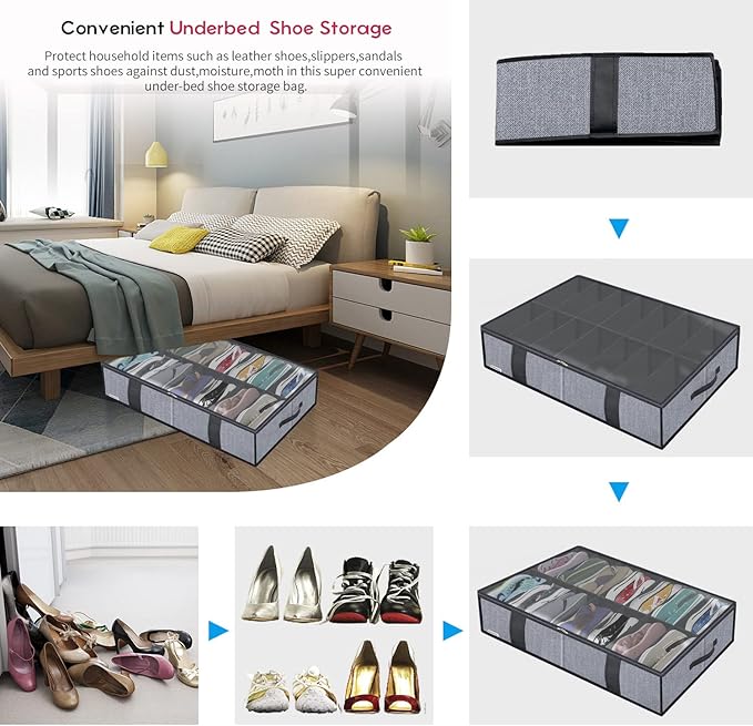 Under Bed Shoe Storage Organizers for Kids and Adults Fit 14 Pairs of Shoes & 4