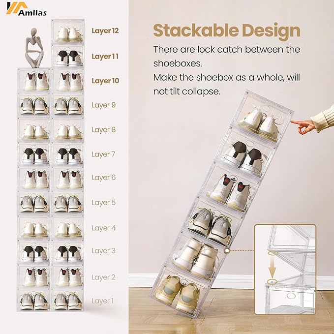 Amllas 12 Pack Clear Shoe Boxes Stackable,Shoe Storage Boxes for Closet,Sturdy Shoe Box Storage Containers with Clear Door,Sneaker Storage,Easy to Assemble,Fit up to US Size 12(13.8”x 9.84”x 7.1”)