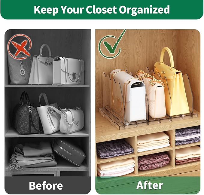 SPACEKEEPER Adjustable Shelf Divider for Closet, Clear Purse Organizers for Closet Acrylic Handbag Separators Storage Organizer Bookshelf Separator Dividers in Bedroom, Office