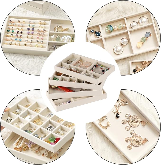 4-Set Jewelry Organizer for Drawer, Stackable Velvet Jewelry Trays with Removable Dividers, Earring and Necklace Holder for Dresser, Perfect as a Vanity Tray for Women
