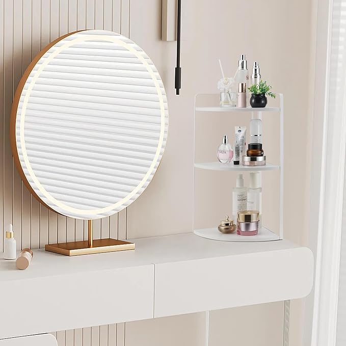 3 Tier Corner Bathroom Counter Organizer, Countertop Organizer, Makeup Organizer Countertop, Bathroom Storage Sink Shelf, Wooden and Metal Counter Shelf (Large Capacity-White)