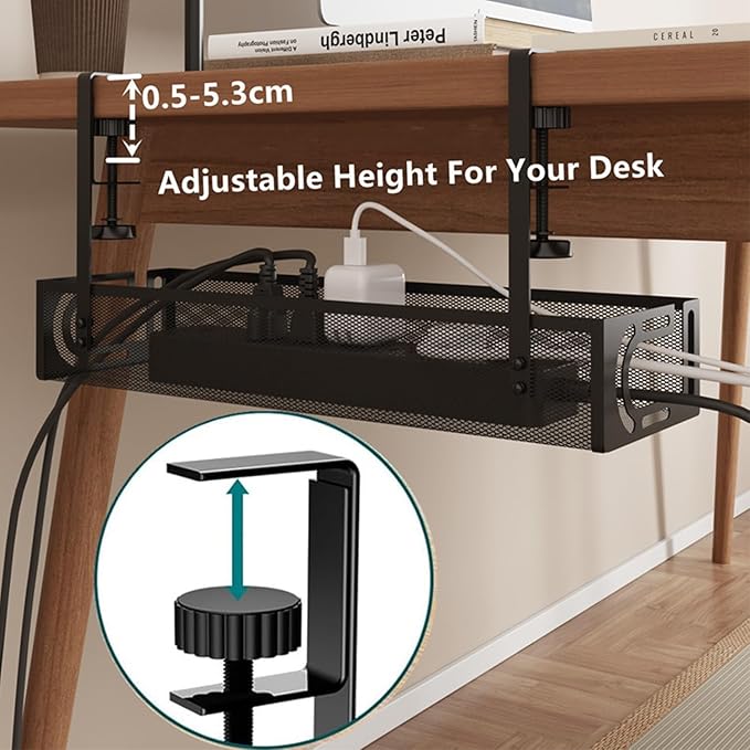 No-Drill Under Desk Cable Management Tray Tool-Free Installation with Dual