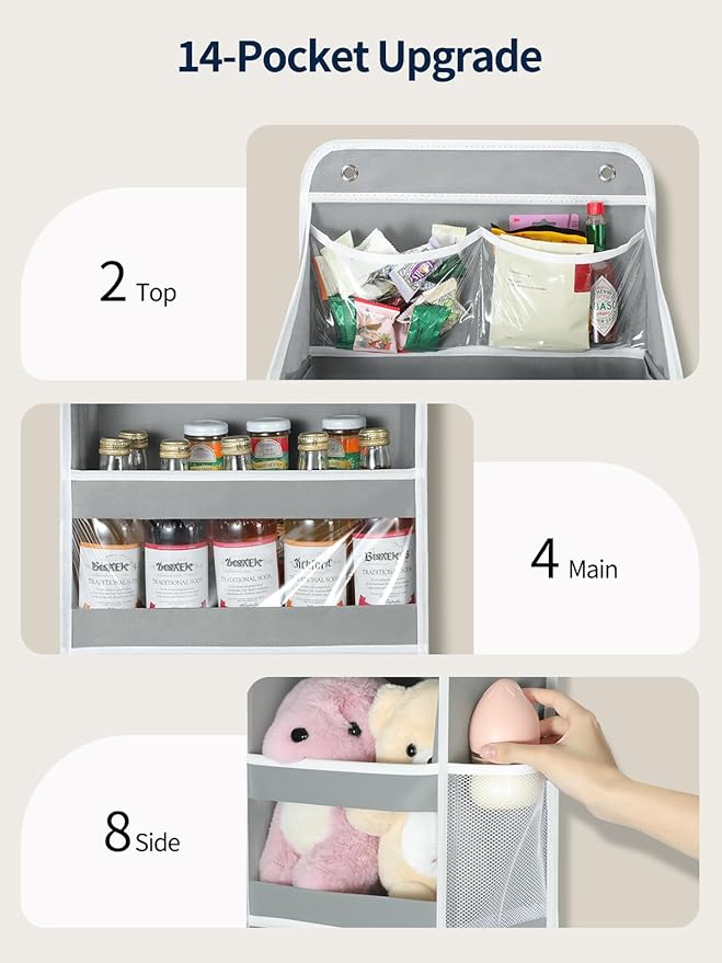 Yecaye 5 Tier 1Pc Over the Door Organizer, Stuffed Animal Storage with Clear PVC Windows, Door Organizer Hanging for Bedroom Nursery Closet Dorm Room Laundry Pantry Bathroom, Grey