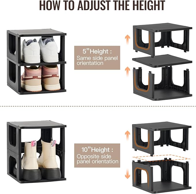 TRZZ 10-Tier Small Shoe Rack, Vertical Narrow Stackable Organizer with Removable Partition, Efficient Shoe Storage for Closet, Entryway, and Small Spaces (Black)