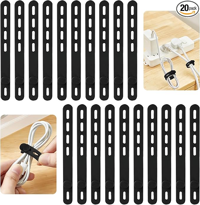 20 Pcs Black Silicone Cable Ties, Reusable Cable Straps Wire Organizer, Cable Management Cord Organizer for Fastening Earphone Phone Charger Home Office Desk Kitchen Appliances Cable Cords Wires