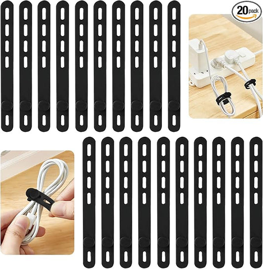 20 Pcs Black Silicone Cable Ties, Reusable Cable Straps Wire Organizer