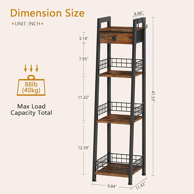 4-Tier Narrow Ladder Shelf with Drawer, Bathroom Table Stand for Small Space