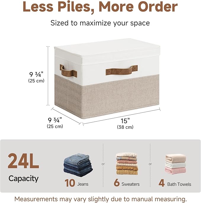 StorageWorks Fabric Storage Bins with Lid, Decorative Storage Boxes for Shelves, Stackable Closet Organizer Basket with Handles, Large, Brown and White, 2-Pack