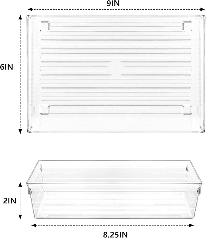 Clear Plastic Drawer Organizer Tray for Vanity Cabinet (9"×6"×2" Set of 4)