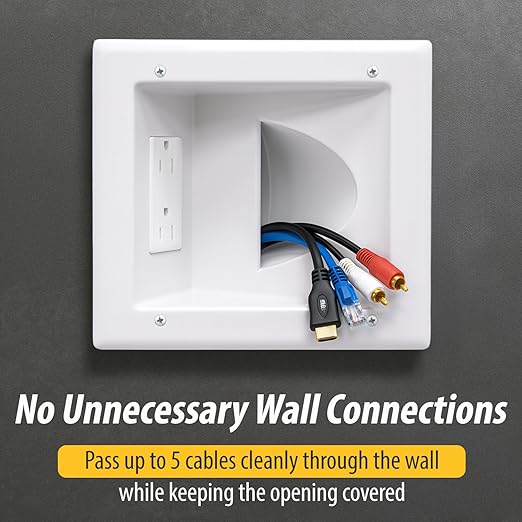 DATA COMM Electronic 45-0031-WH Recessed Low Voltage Media Wall Plate w/ Built-In Duplex Receptacle Outlet, Cable Management - Elevate Your Home Entertainment w/ Stylish White Panel