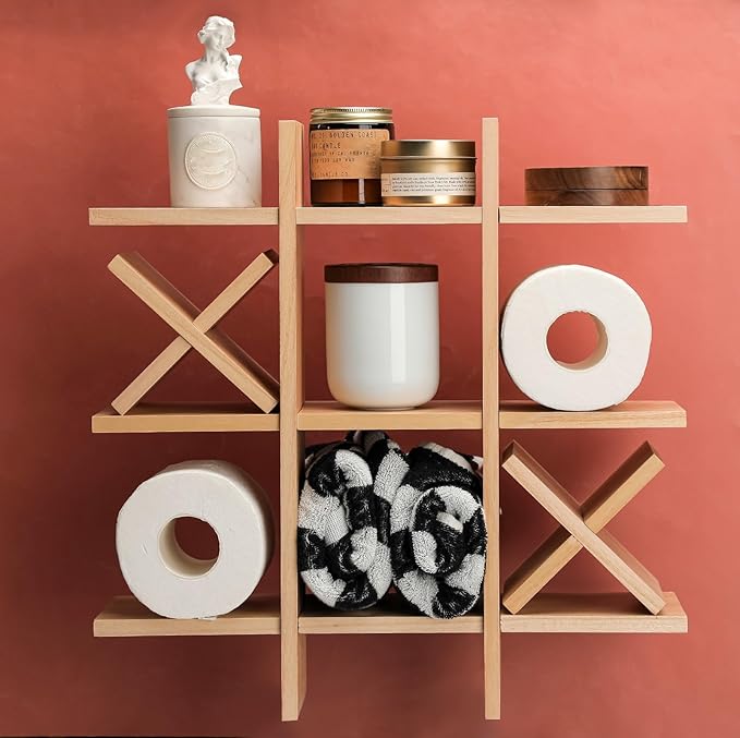 Weysat Tic Tac Toe Toilet Paper Holder Stand Bathroom Wall Decor Rustic Wooden Hanging Storage Freestanding Wall Mounted Shelves Decor for Toilet Tissue Farmhouse