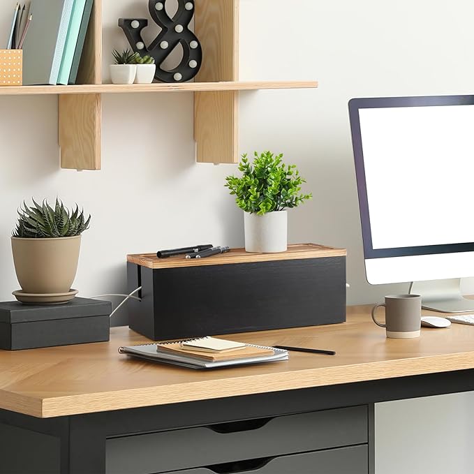 Large Cable Management Box, Wooden Cord Organizer Box for Desk, Floor, Black