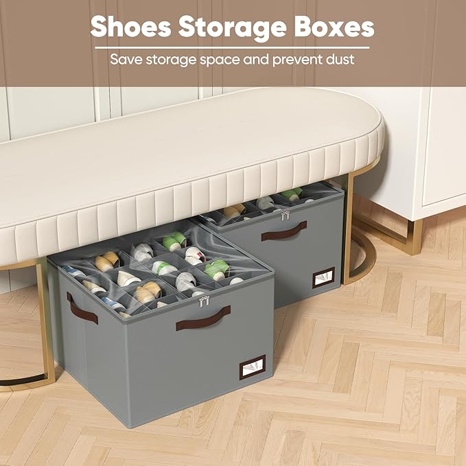 OIAHOMY 2 Pack Shoe Organizer for Closet, Large Foldable Shoe Storage Bins with Dividers and Reinforced Handles, Each Clear Cover Sneaker Box Fits Up to 16 Pairs for Entryway and Bedroom, Grey