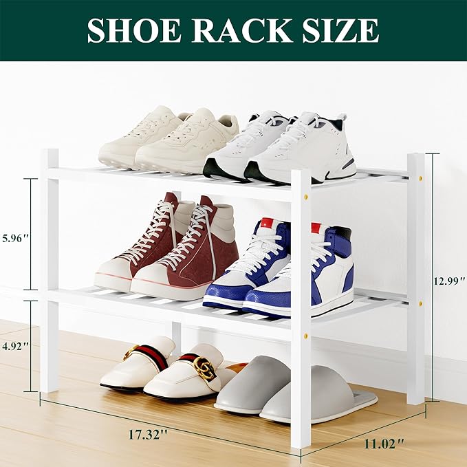 Smiry Small Bamboo Shoe Rack, 2 Tier Free Standing Wooden Shoe Organizer, Stackable Wood Shoe Storage Shelf for Closet, Entryway, 12 Vertical Slats, One-piece Standard Legs, 17.3"x11"x13", White