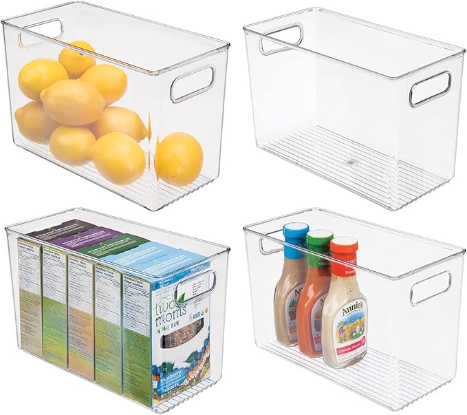 mDesign Plastic Food Storage Container Bin with Handles - for Kitchen, Pantry, Cabinet, Fridge/Freezer - Narrow for Snacks, Produce, Vegetables, Pasta - BPA Free, Food Safe - 4 Pack, Clear