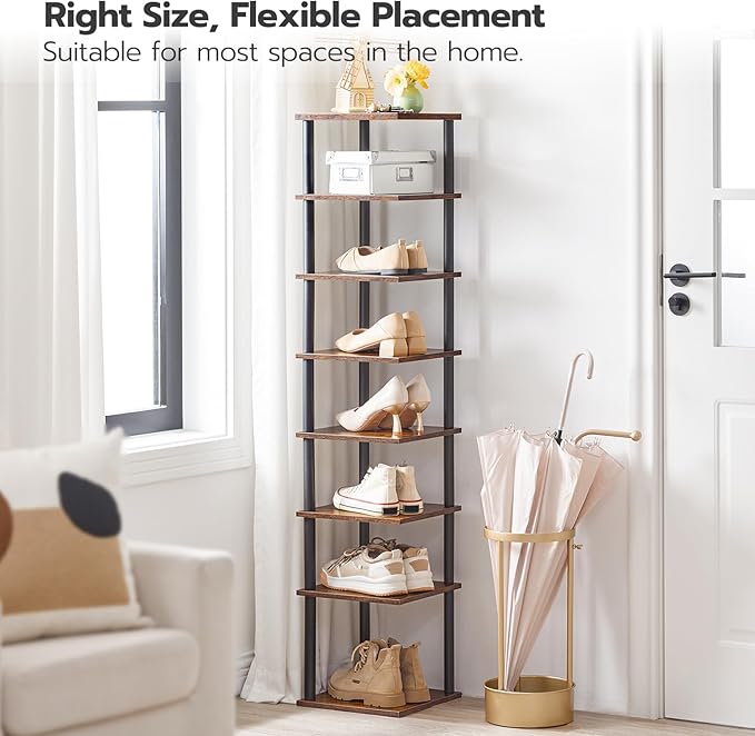 HOOBRO Vertical Shoe Rack, 8-Tier Narrow Shoe Shelf, Shoe Storage Organizer for Small Space, 11" L x 11" W x 53" H, Closet, Entryway, Hallway, Bedroom, Rustic Brown and Black BF22XJ01