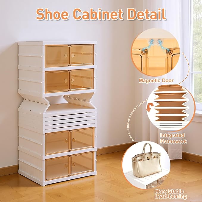 Foldable Shoe Rack Organizer Collapsible Shoe Storage Organizer with Doors, Large Plastic Folding Shoe Rack, Clear Stackable Shoe Boxes Easy Assembly Shoe Cabinet for Entryway (9 Tiers-18 Pairs)
