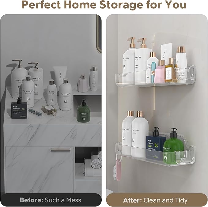 2 Pack Acrylic Shower Caddy Adhesive, No Drilling Bathroom Shower Organizers, with 4 Removable Hooks, Wall Mounted Shower Shelves, Acrylic Shower Holder Storage for Bathroom, Dorm, Kitchen