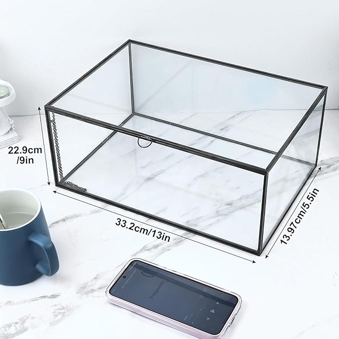 HighFree Vintage Glass Box with Lid - Clear Jewelry Glass Display Box Keepsake Box - Home Decor Decorative Box for Trinket Rings Bracelet (Black, X-Extra Large)