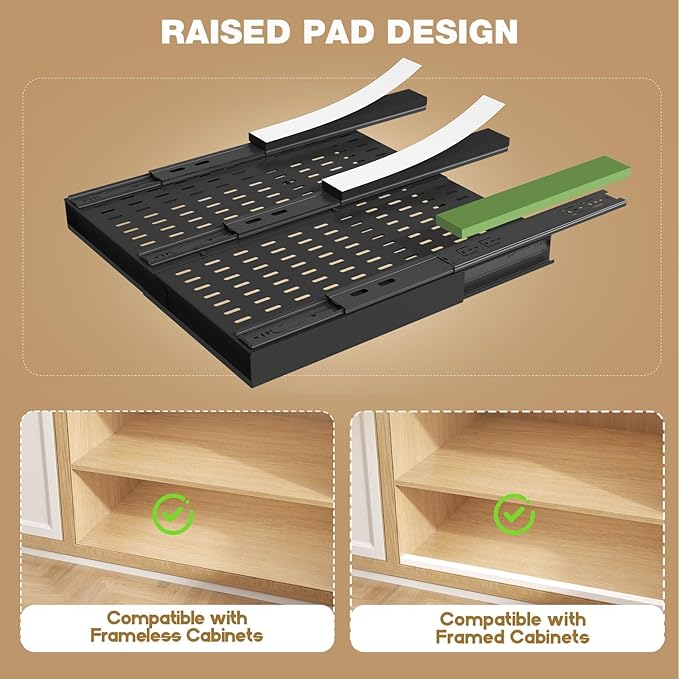 Seinloes Pull Out Cabinet Organizer, 4-Side Expandable to Fit Most Cabinets, 3 Rail Slide Out Drawers with Raising Pad for Framed & Frameless Cabinets, 13"-21" W x 17"-24" D, Black, 4 Pack
