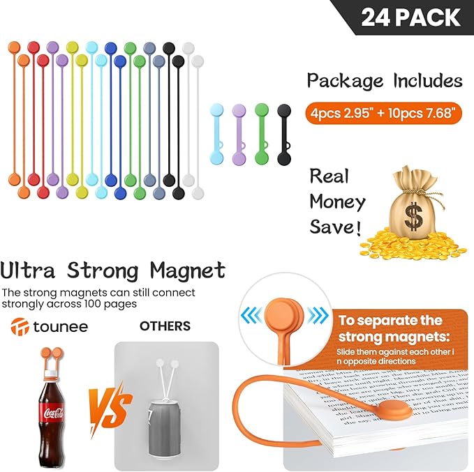 Tounee Reusable Silicone Magnetic Cable Ties - 2 Sizes Combo (4pcs 2.56'' + 20pcs 7.16'') - Multi-Purpose for Cable Bundling, Organizing, Bookmarks & Fridge Magnets - Assorted Colors, Pack of 24