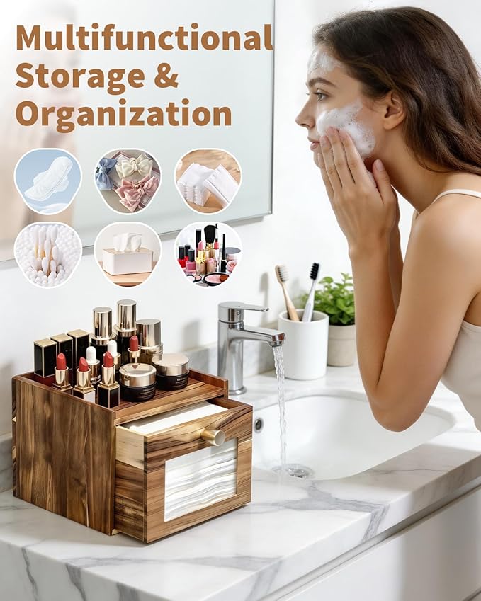 Disposable Face Towel Holder, Acacia Wood Storage Drawer Compatible with XL Disposable Face Towels, Facial Towel Storage Box for Bathroom Countertop Vanity Organizer & Wall Mount