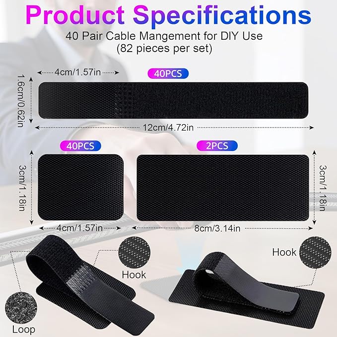 40 Set Cable Management Under Desk, Hook and Loop Cable Ties, Adhesive Strips for Cord Management Hider, Cord Organizer Clips, Computer Accessories for Desk Organization, Home Office Essentials