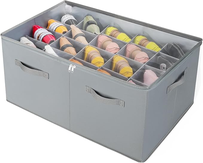 TOPIA HOME Shoe Organizer for Closet, Foldable Shoe Box with Adjustable Dividers and Clear Cover, Space Saving Shoe Storage Organizer Cabinet with Reinforced Handles, Fits 20 Pairs, Gray, TP10G