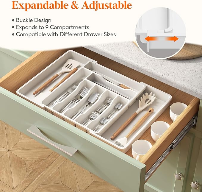 Utensil Organizer for Kitchen Drawer, Expandable Cooking Silverware Tray, White