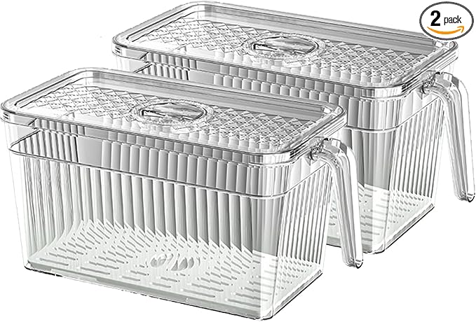 2 Pack Clear Refrigerator Organizers and Storage, Plastic Fridge Organizer Bins with Handle and Removable Drain Tray, Multi-Use Organizer Bins for Kitchen, Cabinets, Fridge, Drinks, Vegetable