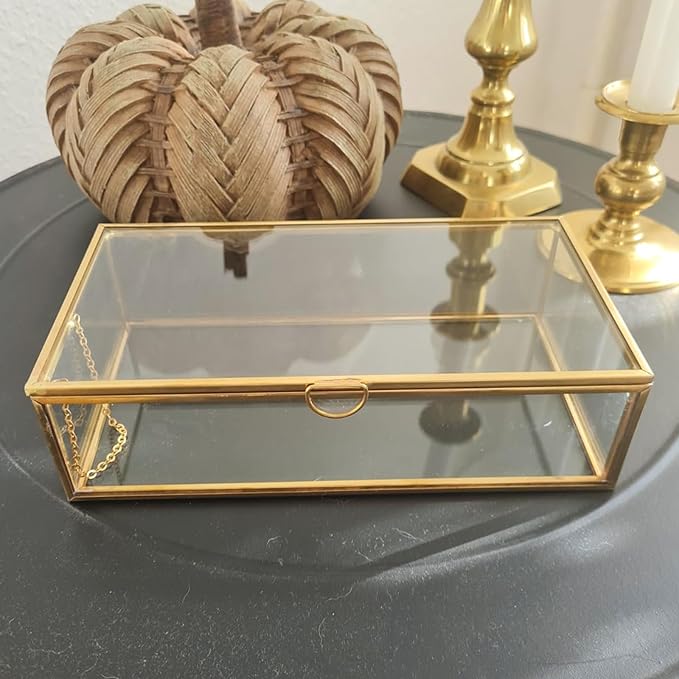 HighFree Vintage Glass Box with Lid - Clear Jewelry Glass Display Box Keepsake Box - Home Decor Decorative Box for Trinket Rings Bracelet (Gold, Medium)
