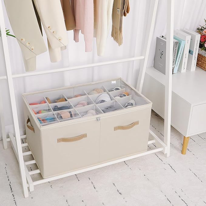 TOPIA HOME Shoe Organizer for Closet, Foldable Shoe Box with Adjustable Dividers and Clear Cover, Space Saving Shoe Storage Organizer Cabinet with Reinforced Handles, Fits 20 Pairs, Beige TP10Y