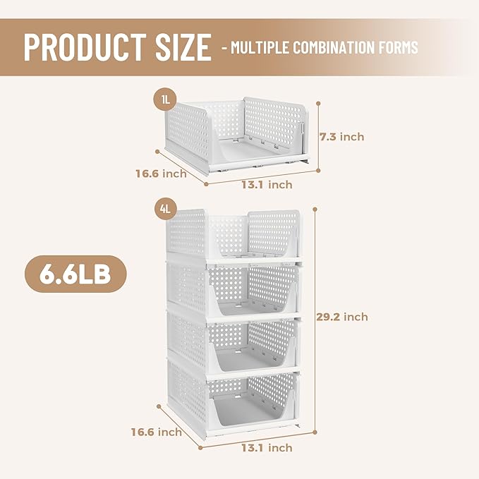 Stackable Plastic Storage Basket, Foldable Closet Organizers