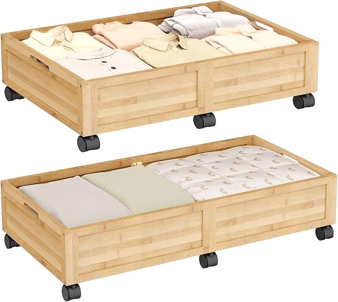 WISUCART Wood Under Bed Storage Containers Underbed Organizer with Wheels Sturdy Wood Rolling Under Bed Shoe Storage Organizer 2 Packs (Nature, Large)