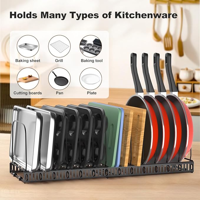 Housolution Cutting Board Organizer Rack, Expandable Baking Tray and Cookie Sheet Organizer with 14 Adjustable Dividers, Bakeware Muffin Tin Cupcake Pan Storage Organizer for Cabinet, Black