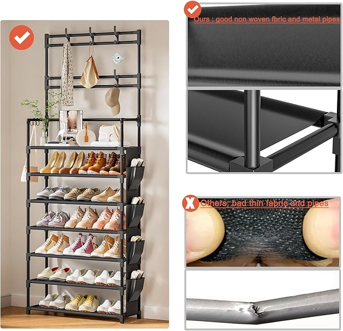 OYREL Shoe Rack 7 Tier Shoe Organizer Storage 21-28 Pairs Closet Shoes Rack for Front Door Entrance Shoe Rack Organizer with Hooks Side Pocket Entryway Large Capacity Shoe Shelf Tower Garage