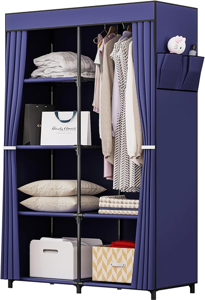 SORCEDAS Portable Closet Wardrobe Organizer Storage with Cover Non-Woben Fabric Portable Wardrobe Closet for Hanging Clothes Racks Shelving 33 Inch for Bedroom, Blue (Blue, 33Inch)