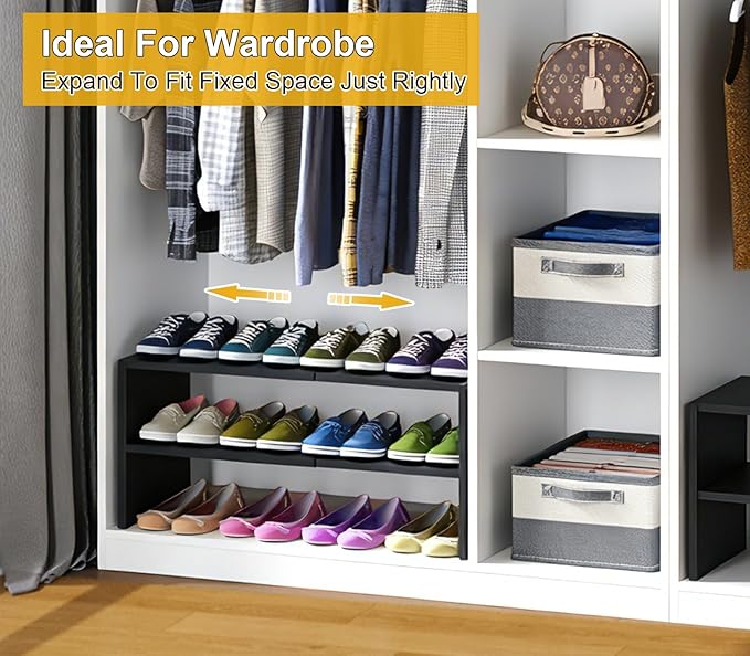 Black Shoe Rack Organizer for Closet, 2-Tier Expandable Shoe Shelf, Stackable Iron Wood Combination Small Shoe Racks Shelves for Closets, Entryway,Small Space,Hallway,Garage,6-12 Pairs