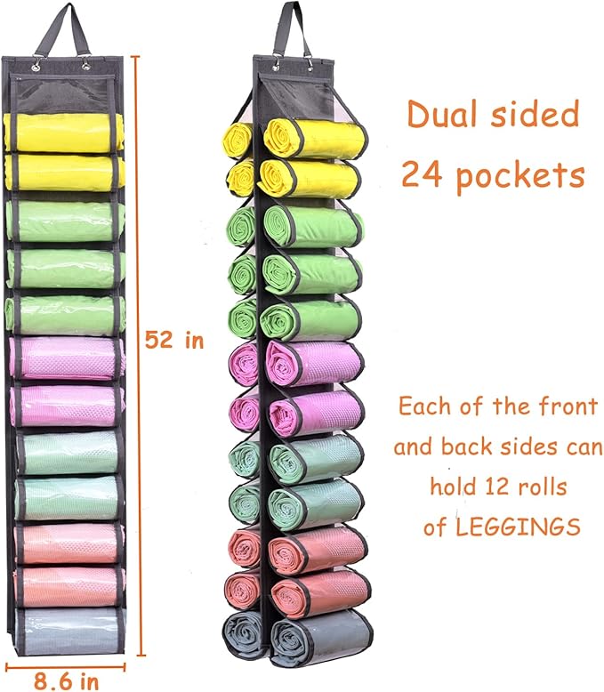 Legging Storage Bag Storage Hanger Can Holds 24 Leggings or Shirts Jeans Compartment Storage Hanger, Foldable Leggings Organizer Clothes Portable Closets Roll Holder (Grey-2)