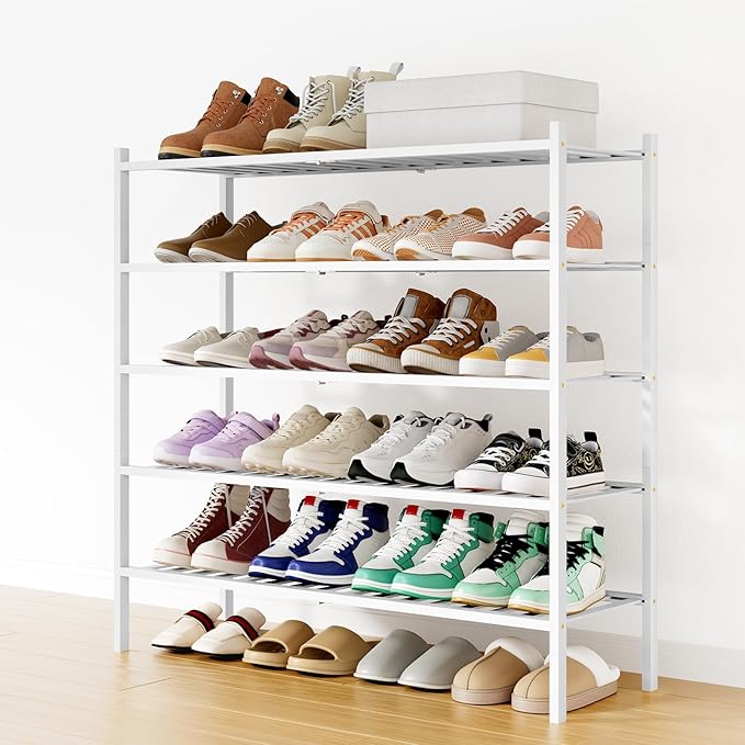 Smiry Long Bamboo Shoe Rack, 5 Tier Free Standing Wooden Shoe Organizer, Stackable Wood Shoe Storage Shelf for Closet, Entryway, 12 Vertical Slats, 2+2+1 Stack Standard Legs, 33.7"x11"x32.5", White