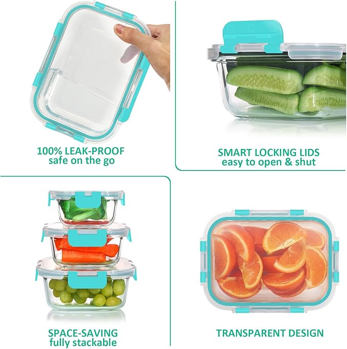 KOMUEE 24 Pieces Glass Food Storage Containers Set, Meal Prep Containers, BPA-Free Airtight Glass Storage Containers with lids, Freezer, Microwave and Oven Safe,Green