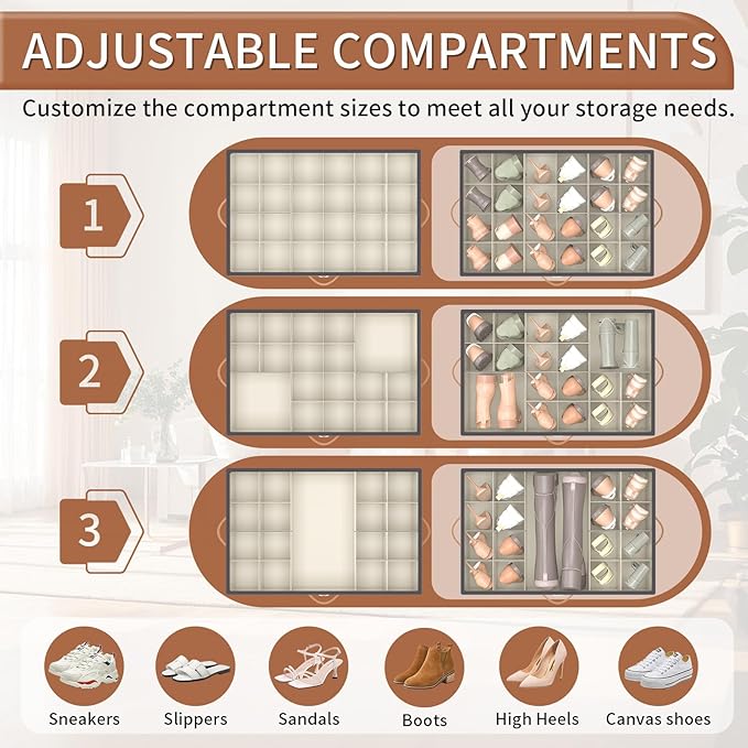 Shoe Organizer for Closet, 2 Pack Shoe Storage Organizer with Wheels and Adjustable Dividers, Stackable Shoe Storage Box with Clear Cover, Foldable Closet Shoe Organizer Fits up to 24-48 Pairs, Gray
