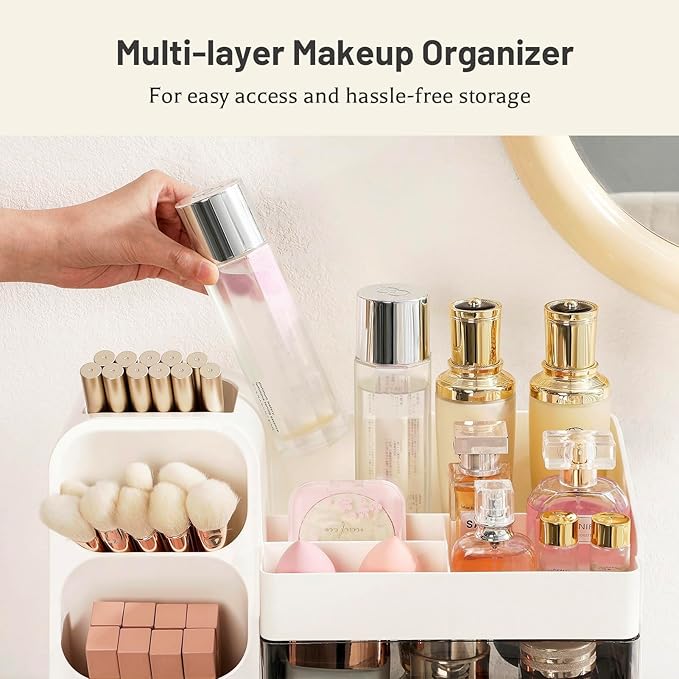 Aveniee Makeup Organizer with Drawers for Vanity, Big Cosmetic Display Case with Makeup Brush Holder, Bathroom Coutertop Organizers and Storage for Skincare Beauty Essentials (White)