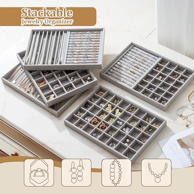 Large Velvet Jewelry Tray 2 Pack Stackable Jewelry Display Drawer Inserts Trays Organizer for Earring Bracelet Necklace Ring (Gray, 35 Grids)