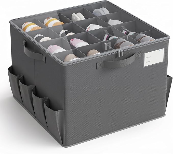 Varhomax Foldable Shoe Organizer Box, Fabric Storage Bin with Clear Cover & Adjustable Dividers, Holds up 16-32 Pairs of Sneakers & Sandals for Closet, Entryway (Gray)