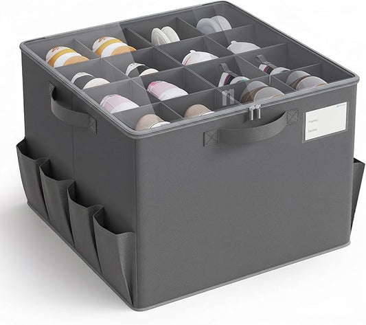 Varhomax Foldable Shoe Organizer Box, Fabric Storage Bin with Clear Cover & Adjustable Dividers, Holds up 16-32 Pairs of Sneakers & Sandals for Closet, Entryway (Gray)