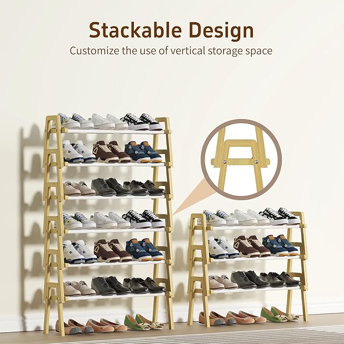 3-Tier Bamboo Shoe Rack Stackable, Shoe Organizer for Entryway and Closet, Modular Small Shoe Storage Shelf, Space-Saving Free Standing, Holds 12-16 Pairs of Shoes, Natural Color
